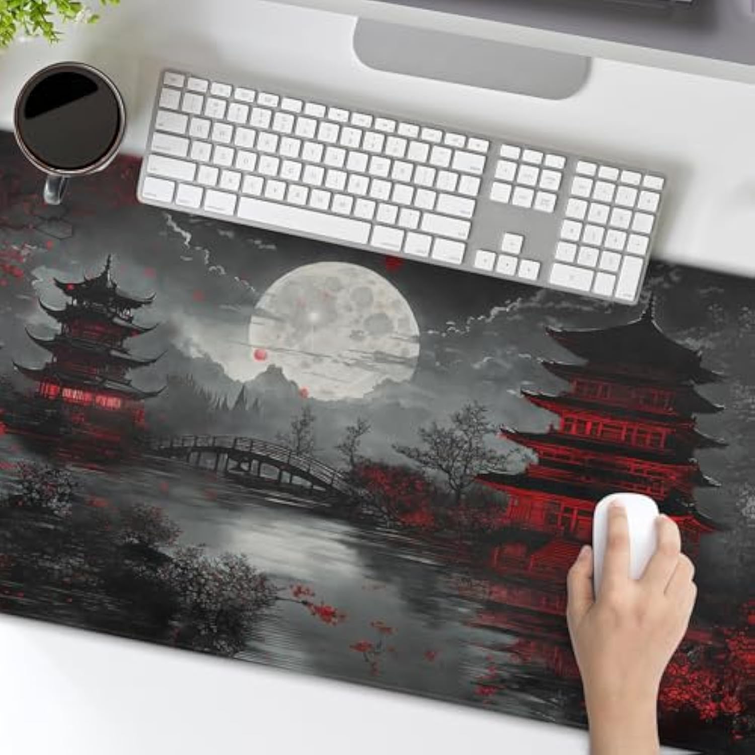 Japanese Mouse Pad Xxl 35.4 X 15.7 Inch Black Red Design Style Extended Large Gaming Mousepad Keyboard Full Desk Mat Non-Slip Rubber Base Stitched Edges For Home Office