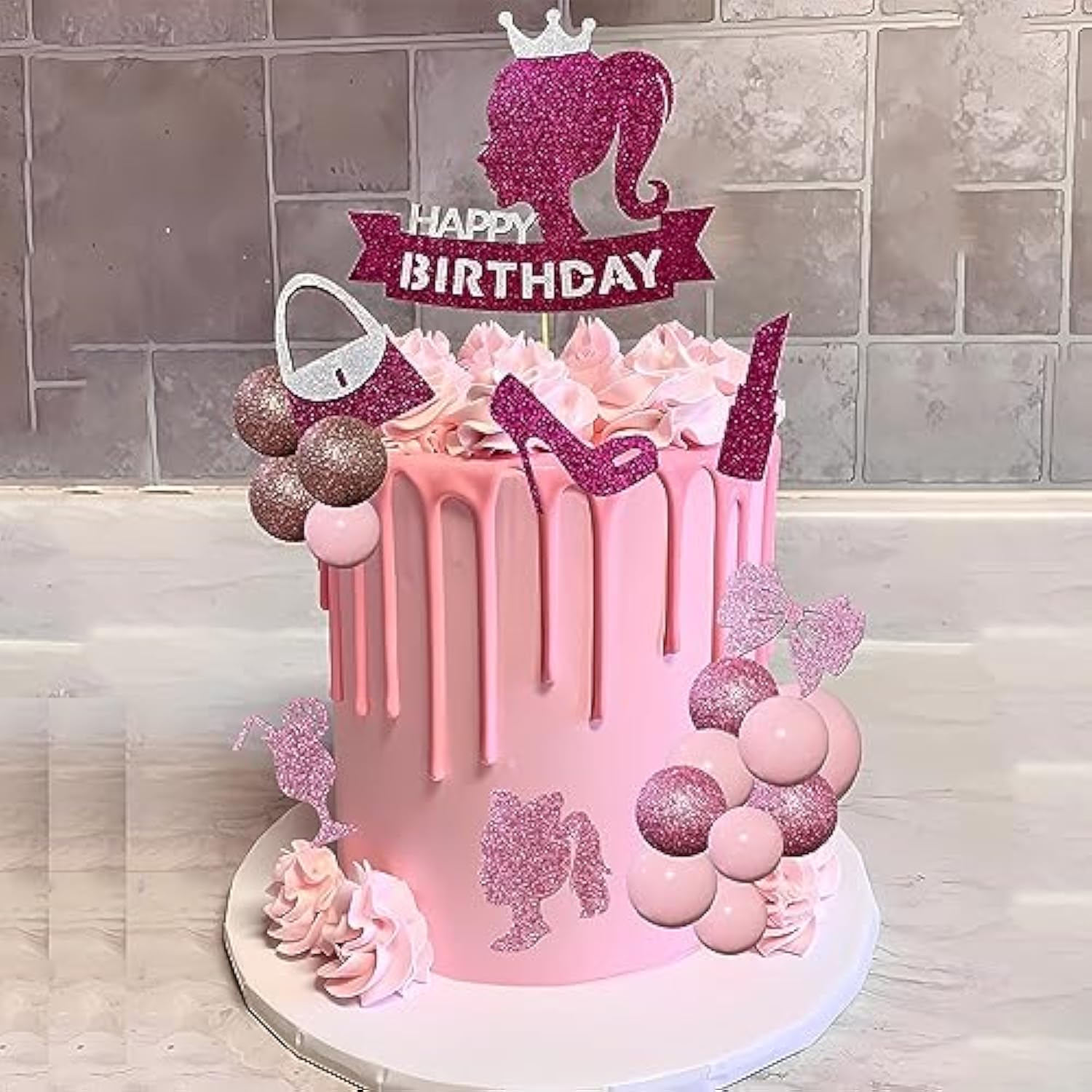 Hot Pink Girl Princess Cake Decorations - Glitter Happy Birthday Cake Topper With 20 Balls For Cake Decorating & 12 Girls Cupcake Toppers, Perfect Birthday Baby Shower Party Supplies For Barbie Fans