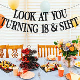 Happy 18th Birthday Banner, “Officially 18” Black Glitter Hanging Party Backdrop