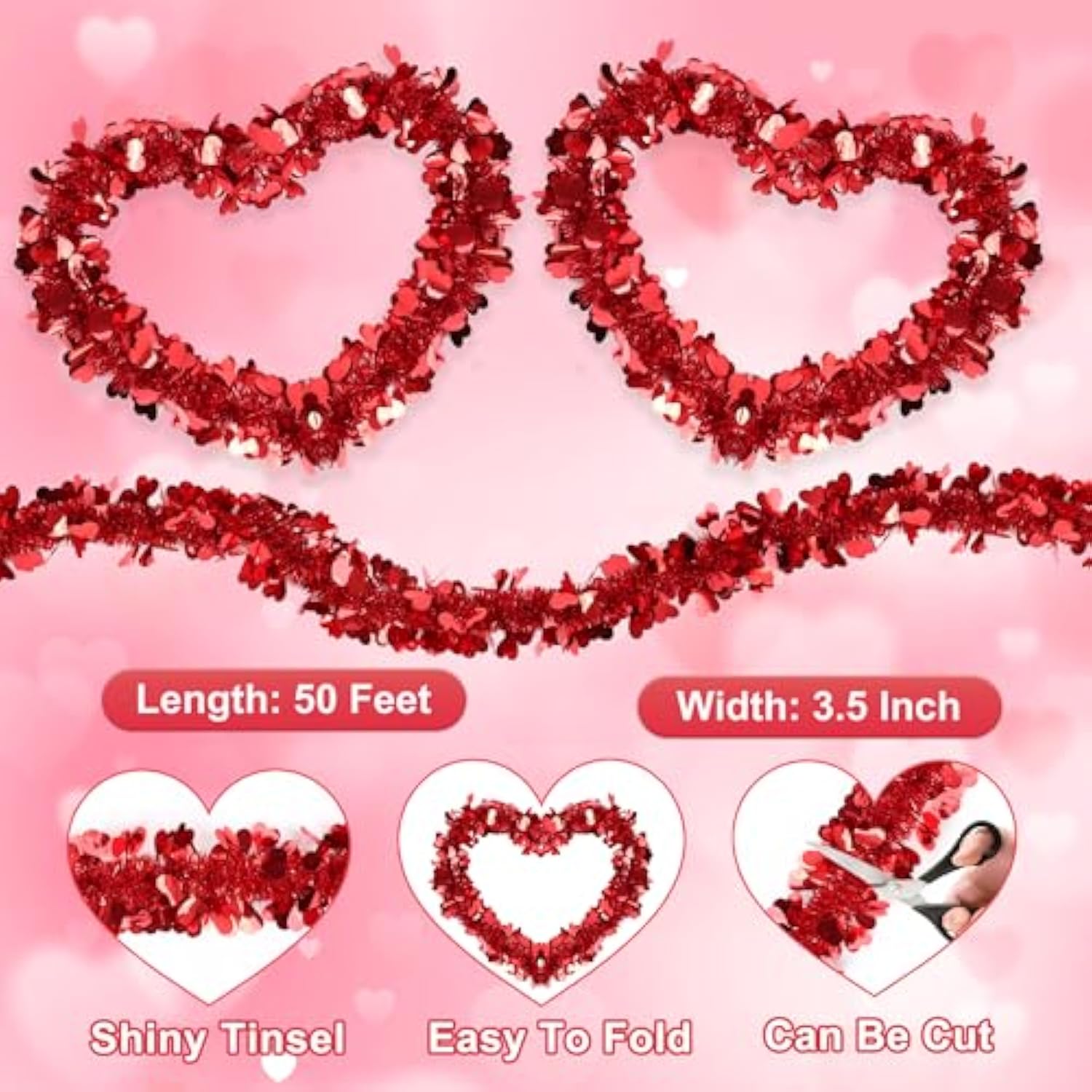 50Ft Valentines Day Garland Valentines Day Decor Red Heart Tinsel Garland Metallic Glitter Hanging Garland Valentines Decorations For Home Mantel Indoor Outdoor Wedding Galentines Party Decor