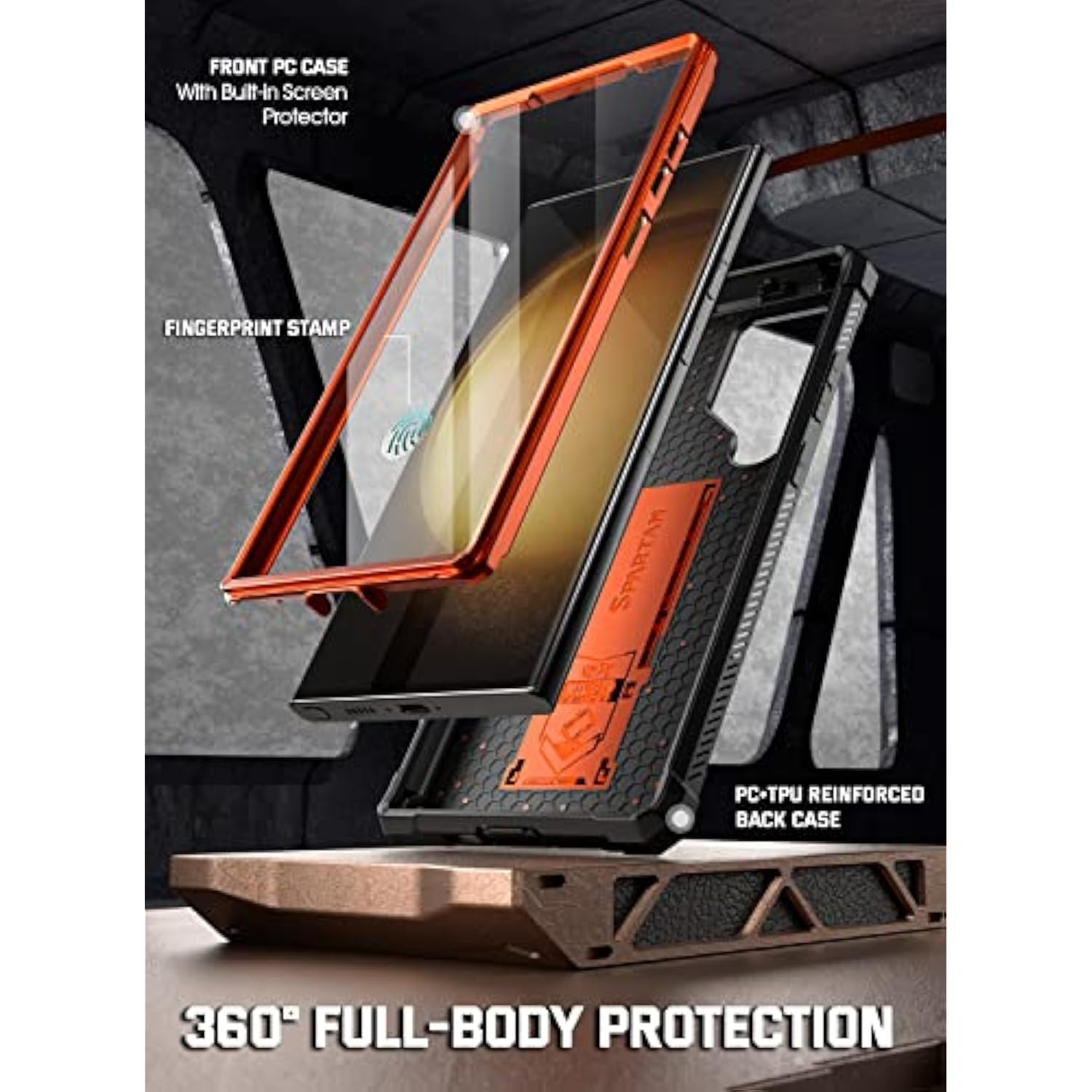 Spartan Case For Samsung Galaxy S23 Ultra 5G 6.8 Inch, Built-In Screen Protector Work With Fingerprint Id, Full Body Rugged Shockproof Protective Cover Case With Kickstand, Metallic Orange