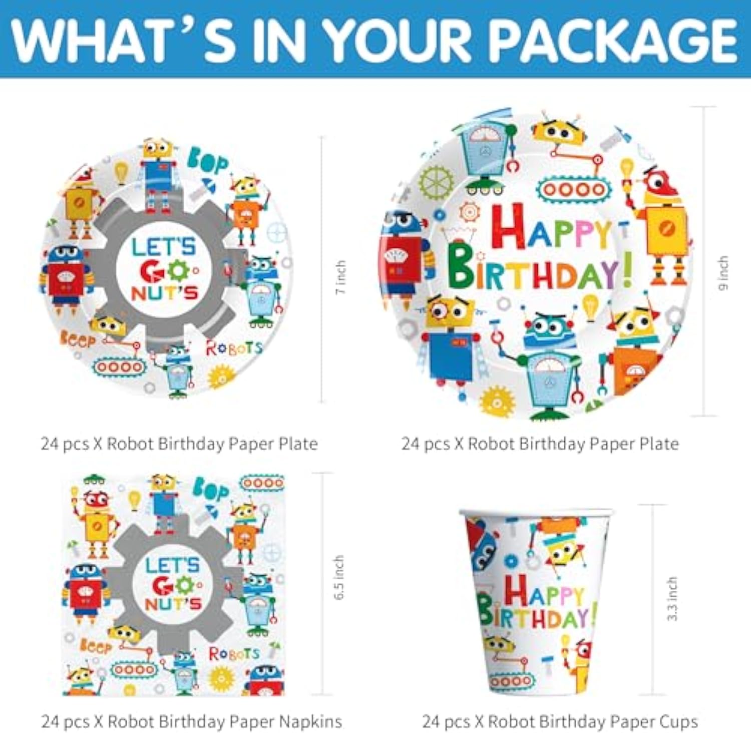 Robot Birthday Party Supplies, Let'S Go Nuts Theme Robot Party Decorations For Birthday Baby Shower, Paper Plate, Cup, Napkin, Swirls, Banner, Tablecloth, Cutlery, Serves 24
