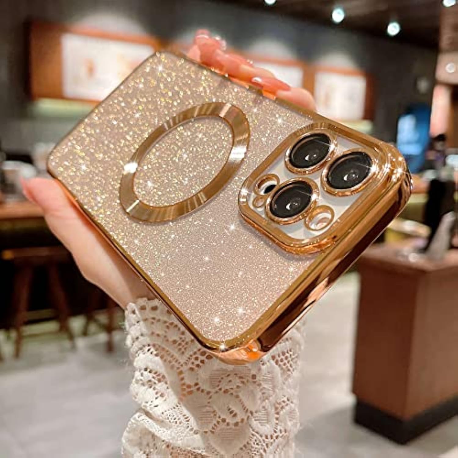 Compatible With 13 Pro Max 6.7 Inch Magnetic Glitter Case, Luxury Plating Cute Bling Clear Phone Case, Compatible With Magsafe For Women Girls With Camera Protector Back Cover-Gold