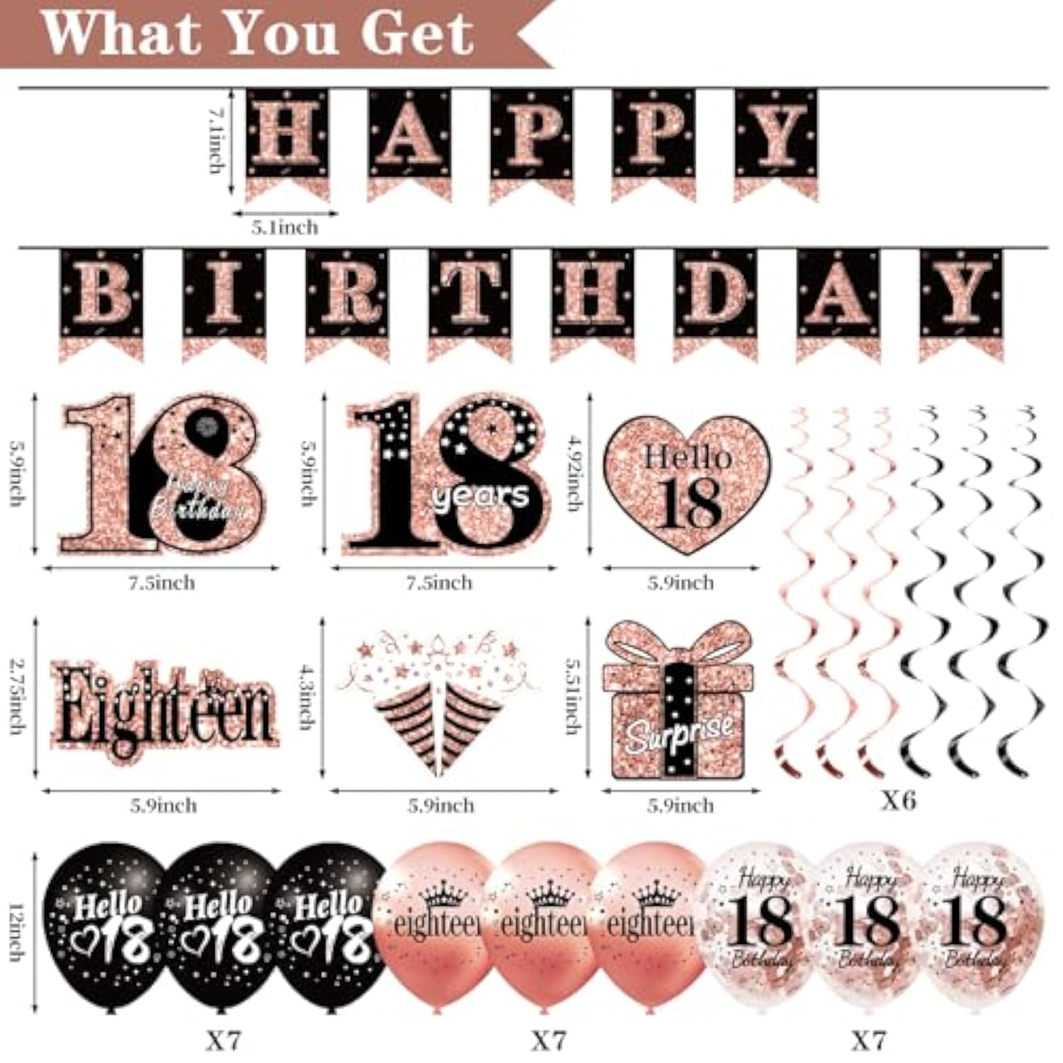 18Th Birthday Decorations For Girls, 33Pcs Black Rose Gold Happy 18Th Birthday Banner 18 Birthday Crown And Sash Balloons Backdrop Hanging Swirls Paper Fans, 18 Years Old Party Supplies Kit