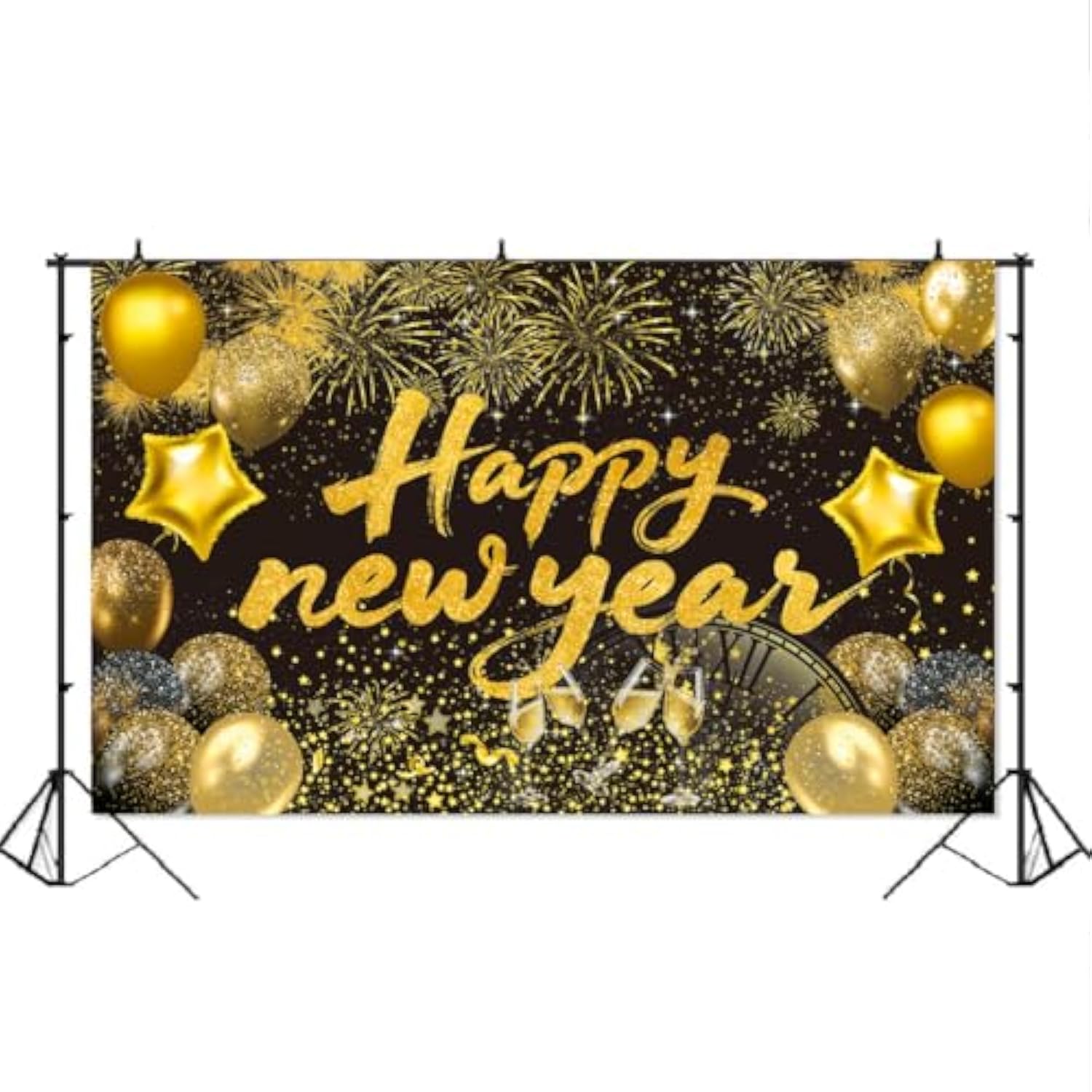 Happy New Year 2026 Black Backdrop Banner for Party and Photo Booth Decor