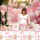 152 Pcs Pink Bearly Wait Baby Shower Decorations, Bear Baby Shower For Girl Tableware Set, With Banner, Cake Topper, Plates And Tablecloths, For Baby Girl Shower Decorations Pink, Serves 20