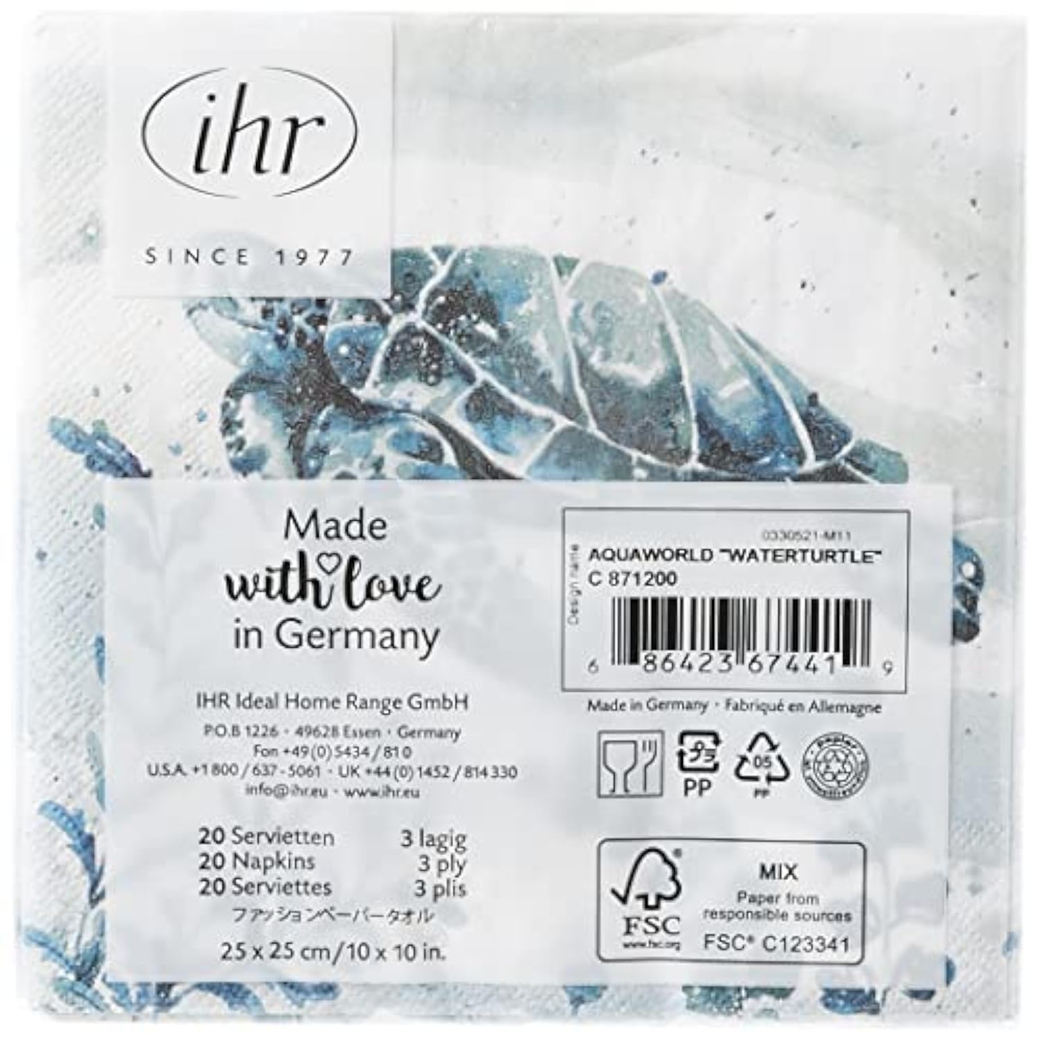 Boston International - C871200 Boston International IHR 3-Ply 20-Count Cocktail Beverage Paper Napkins, 5 x 5-Inches, Aquaworld Waterturtle
