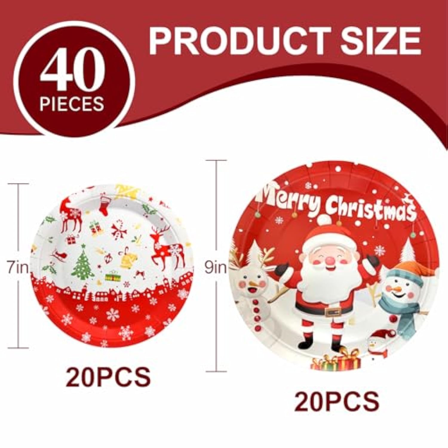 Christmas Paper Plates, 40Pcs Party Paper Plate Set Disposable Christma Party Food Dinner Dessert Plates Tableware Decorations Favors, Including 20Pcs 9" And 20Pcs 7" For Christmas Plate