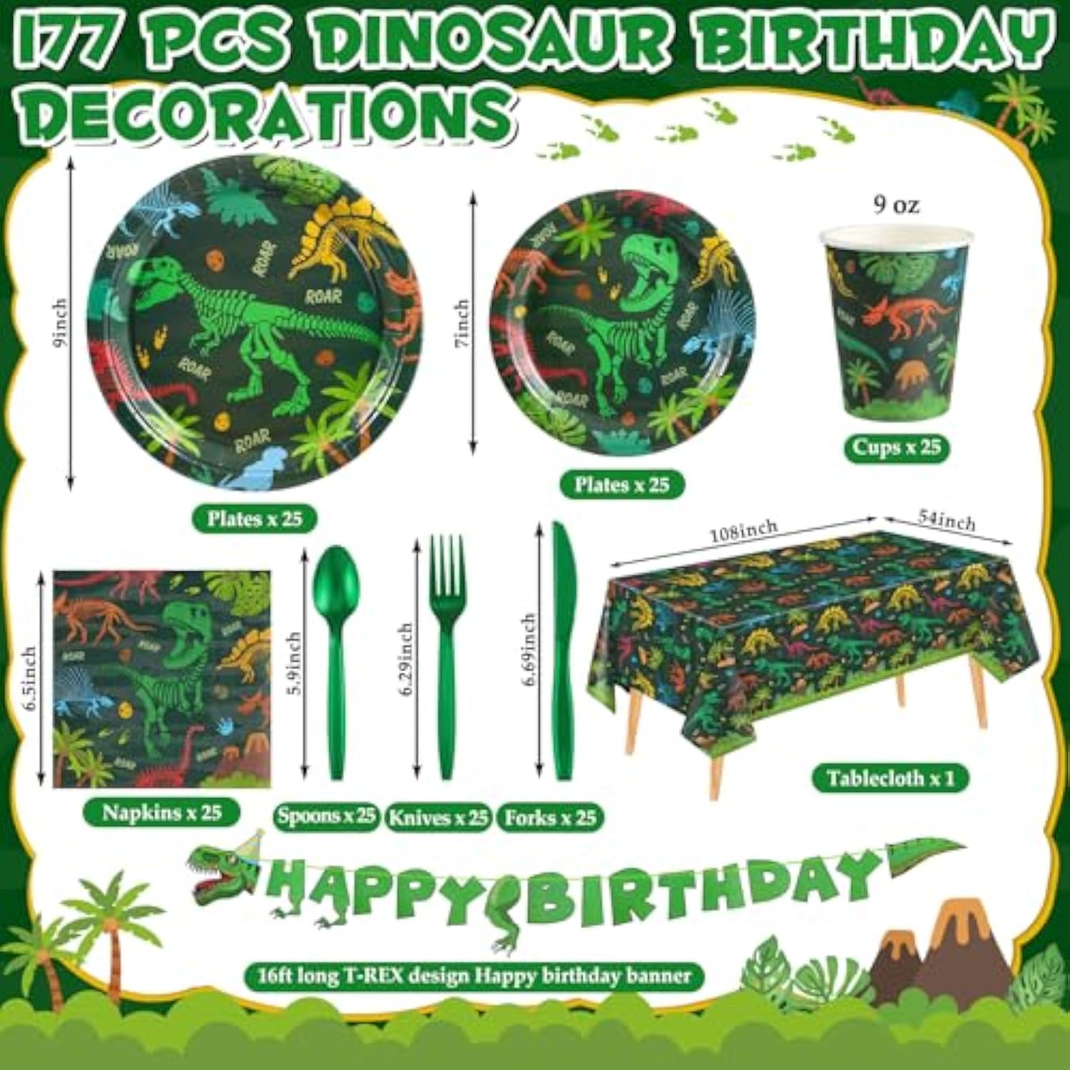 177 Pcs Dinosaur Birthday Party Supplies, 25 Guest Dinosaur Theme Tableware Set Includes Dino Plates, Cups, Napkins, Cutlery, Tablecloth, Banner, Dino Party Decorations For Boys Birthday