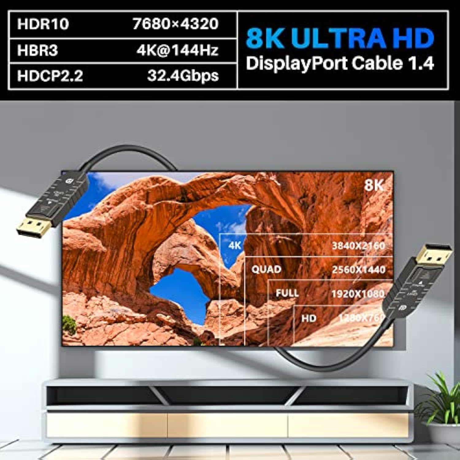 8K Fiber Optic Displayport 1.4 Cable 50 Ft, Active Optical Dp To Dp Cable Supp