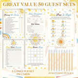 321 Pcs Baby Shower Games Supplies, 5 Sets (50 Cards Each) Activities Cards With 20 Pencils 1 Don'T Say Baby Sign 50 Clothespin (Here Comes The Sun)