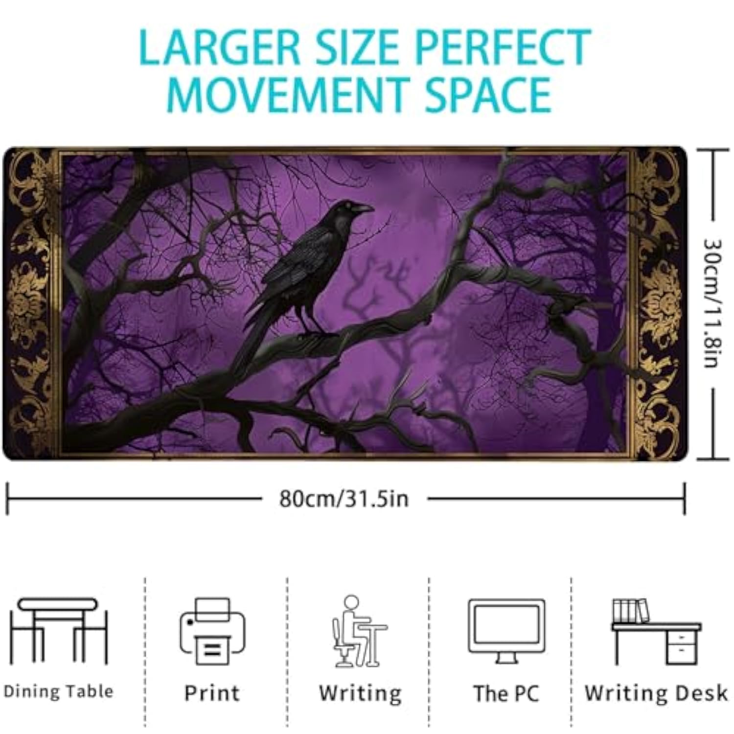 Gothic Raven Gaming Mouse Pad, Mouse Pad, Desk Mat, Non-Slip Rubber Base Mousepads For Computers Laptop Office School Home Accessories Decor Gifts 31.5" X 11.8"