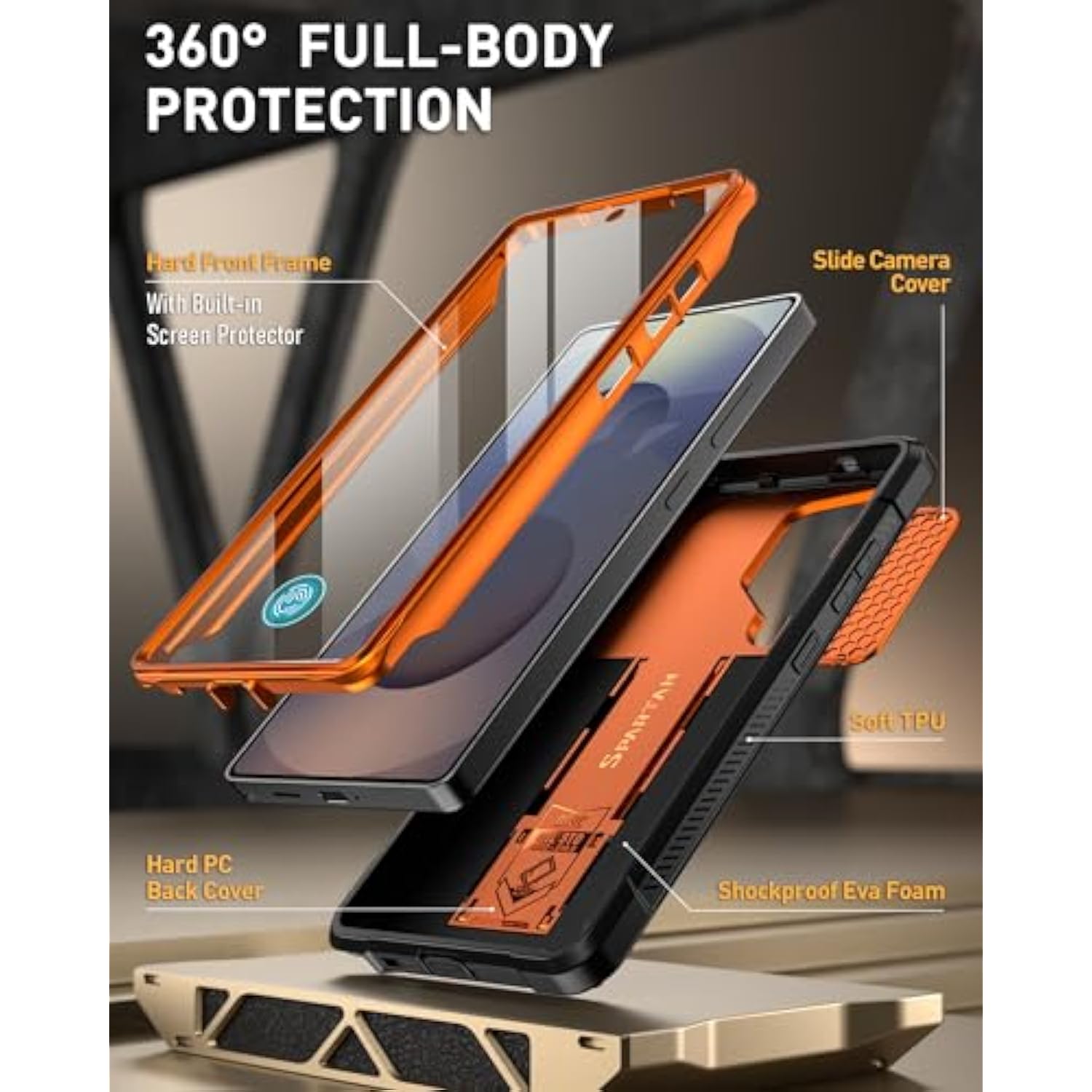 Spartan Case For Galaxy S25 Ultra 6.9", [Slide Camera Cover] [Screen Protector Works With Fingerprint Id] Military Grade Rugged Shockproof S25 Ultra Phone Case With Kickstand, Metallic Orange