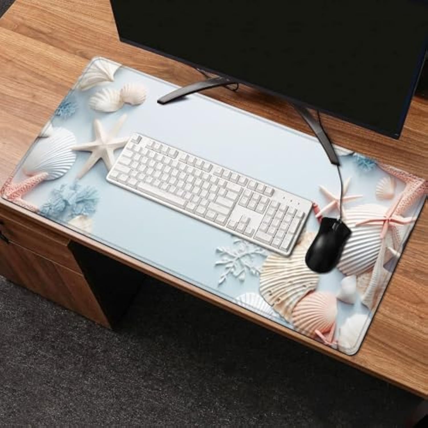 Large Mouse Pad,Edge Stitched Mousepad,Non-Slip Laptop Desk Mat, Desk Writing Pad For Office And Home,31.5 X 13.8 Inch - Blue Shells Starfish