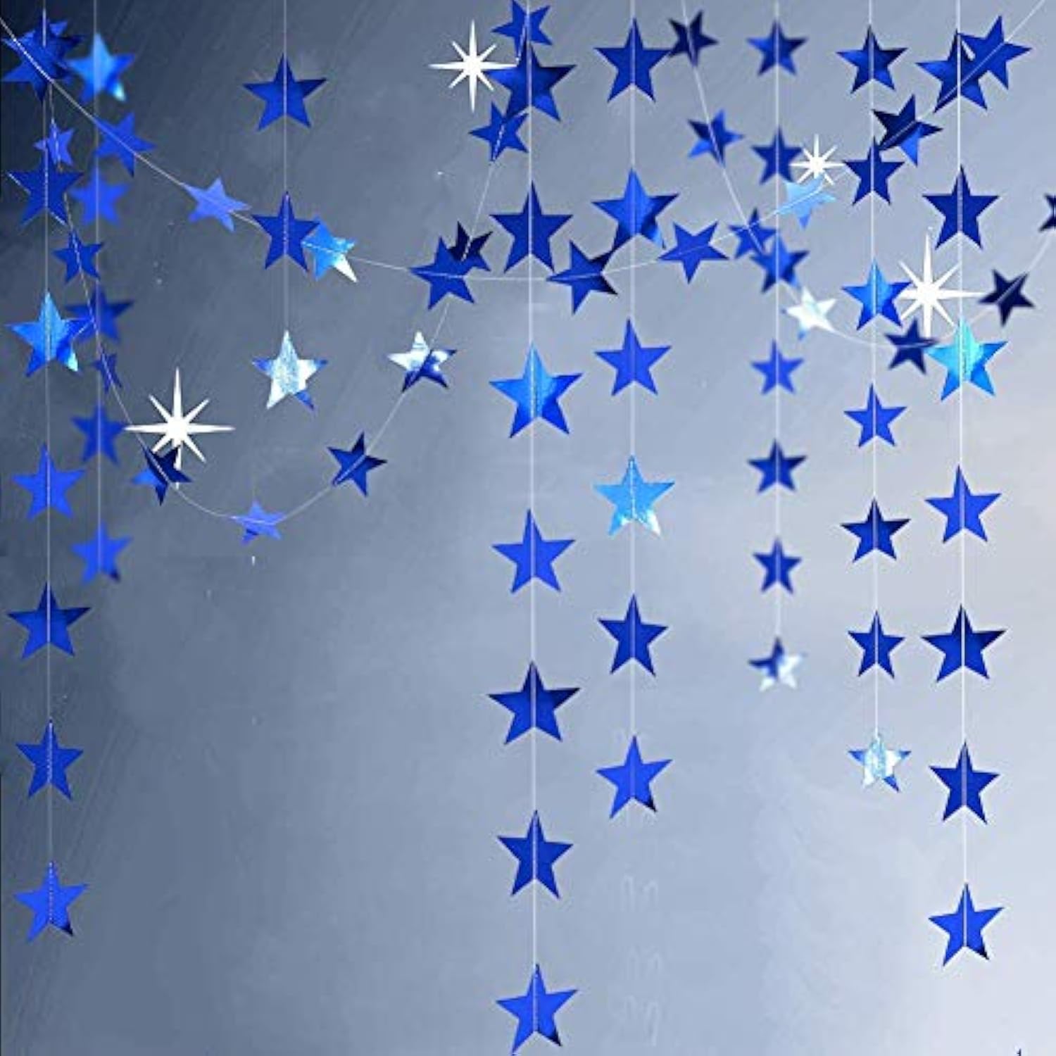 Reflective Blue Star Garlands Streamer/Bunting/Backdrop Party Decoration Stars Hanging Decor For Frozen Birthday/Blue Silver Wedding/Engagement/Royal Baby Shower/Kids Room/Home Decorations