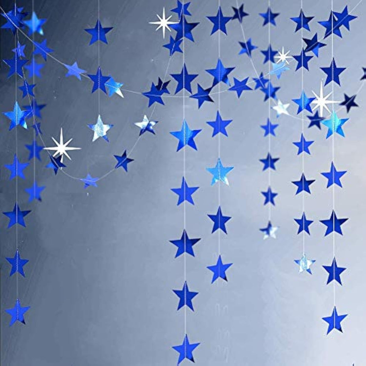 Reflective Blue Star Garlands Streamer/Bunting/Backdrop Party Decoration Stars Hanging Decor For Frozen Birthday/Blue Silver Wedding/Engagement/Royal Baby Shower/Kids Room/Home Decorations