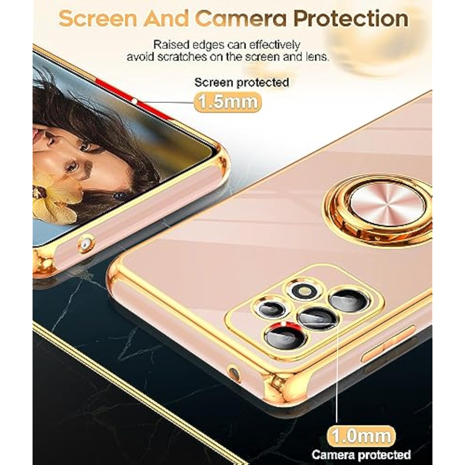 For Samsung A52 Phone Case: With Tempered Glass Screen Protector [2 Pack] 360° Rotatable Ring Holder Magnetic Kickstand, Plating Rose Gold Edge For Galaxy A52 5G Phone Case, Pink