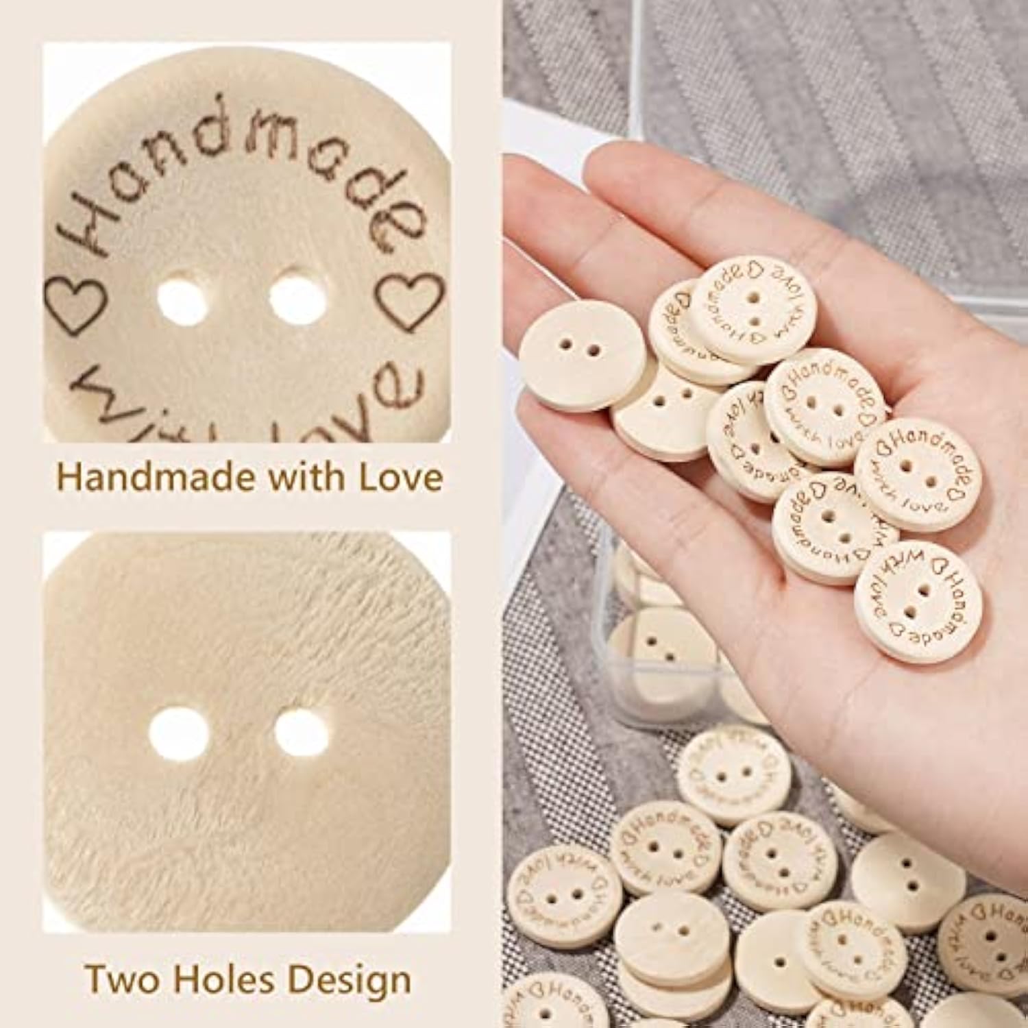 100Pcs Cute Wooden Craft Buttons 2 Holes 'Handmade With Love' Tags Lab