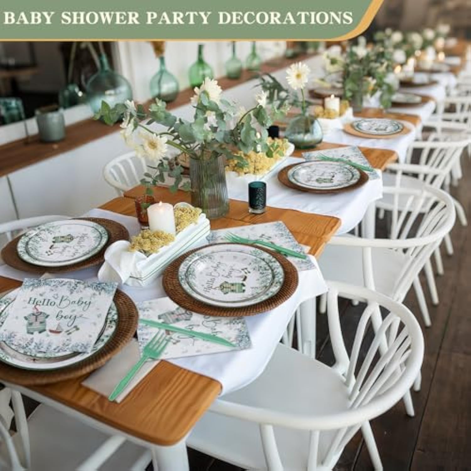 350Pcs Greenery Baby Shower Decorations For 50 Guests Include Disposable Paper Plates, Napkins, Cups And Plastic Cutlery For Boy