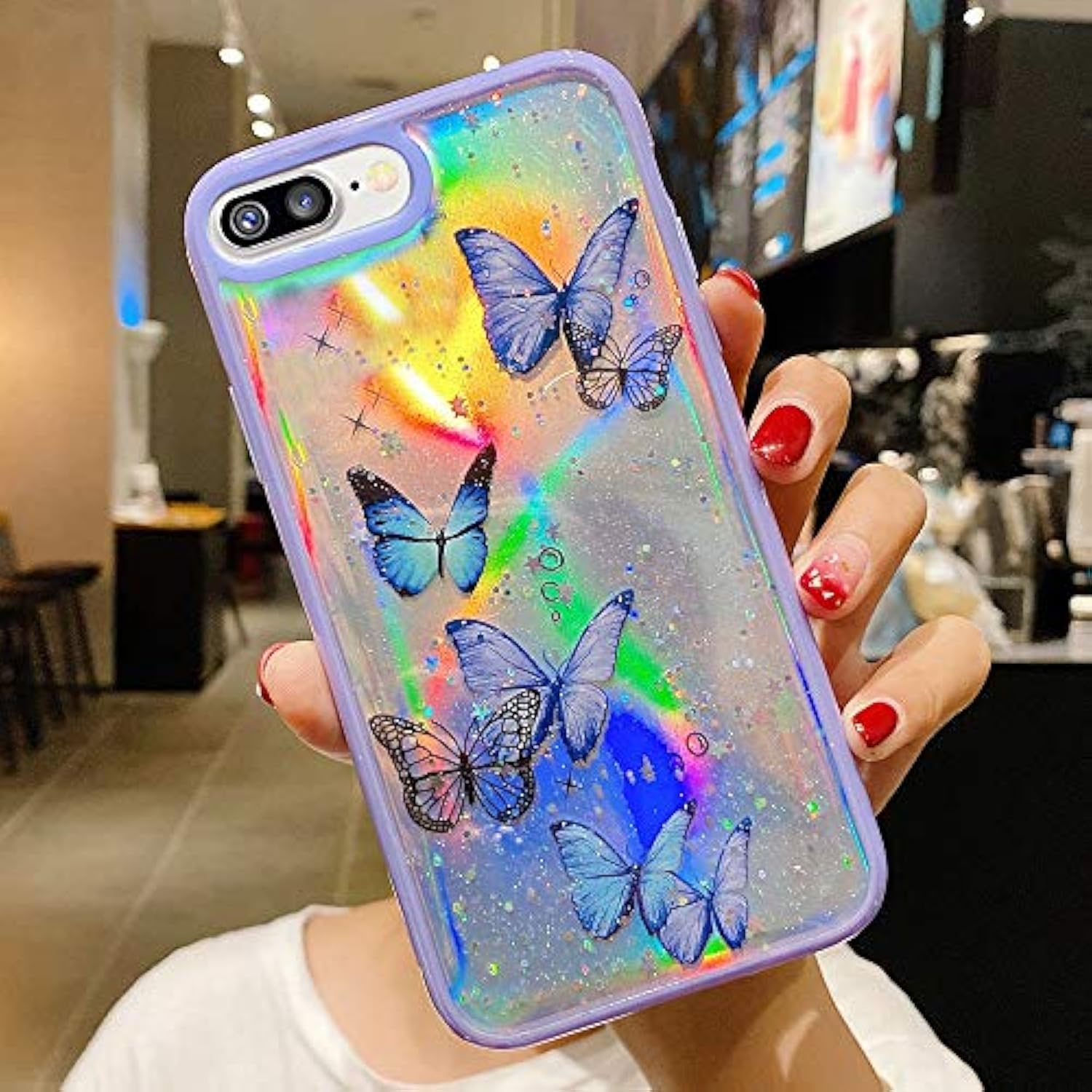 Girly Case For Iphone Se 2022/3Rd Case Iphone Se 2020/2Nd Iphone 7 Iphone 8 Case Cute Iridescent Butterfly Design Laser Bling Glitter Girls Women Soft Tpu Bumper Drop Protection Cover, Purple