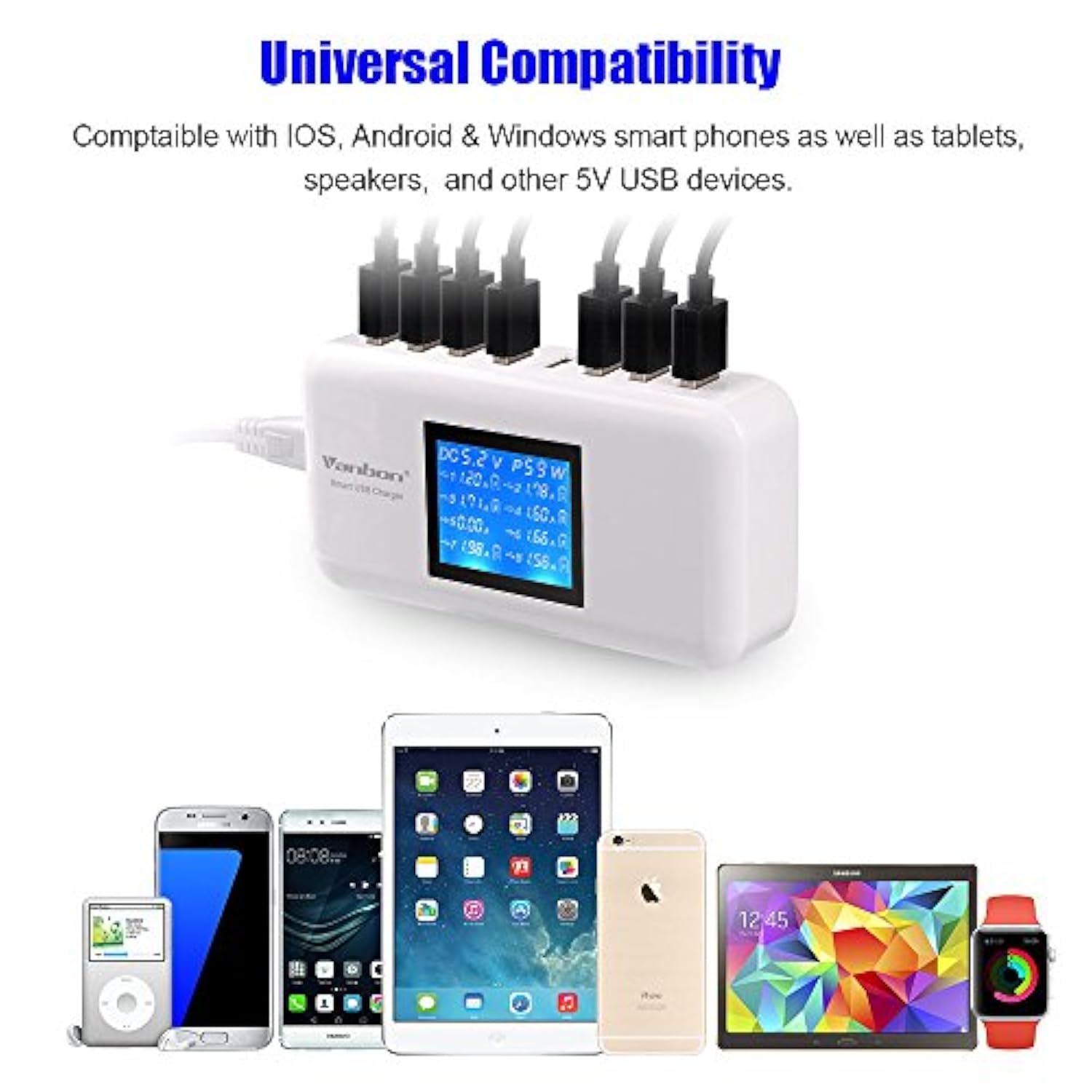 60W 8-Port Usb Wall Charger, Multi Port Usb Charger Charging Station W/Lcd Compatible With Smart Phone, Tablet And Multiple Devices