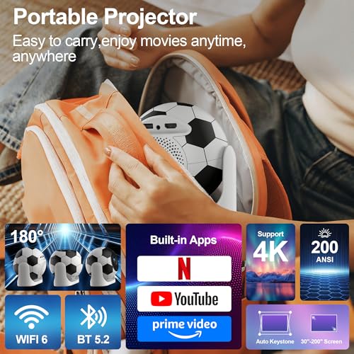 [Built-In Apps] Smart Mini Projector With Wifi And Bluetooth, Auto Focus & Keystone Portable Projector 4K Support, 180° Rotation Home Outdoor Movie Projector Compatible With Tv Stick/Phone/Laptop
