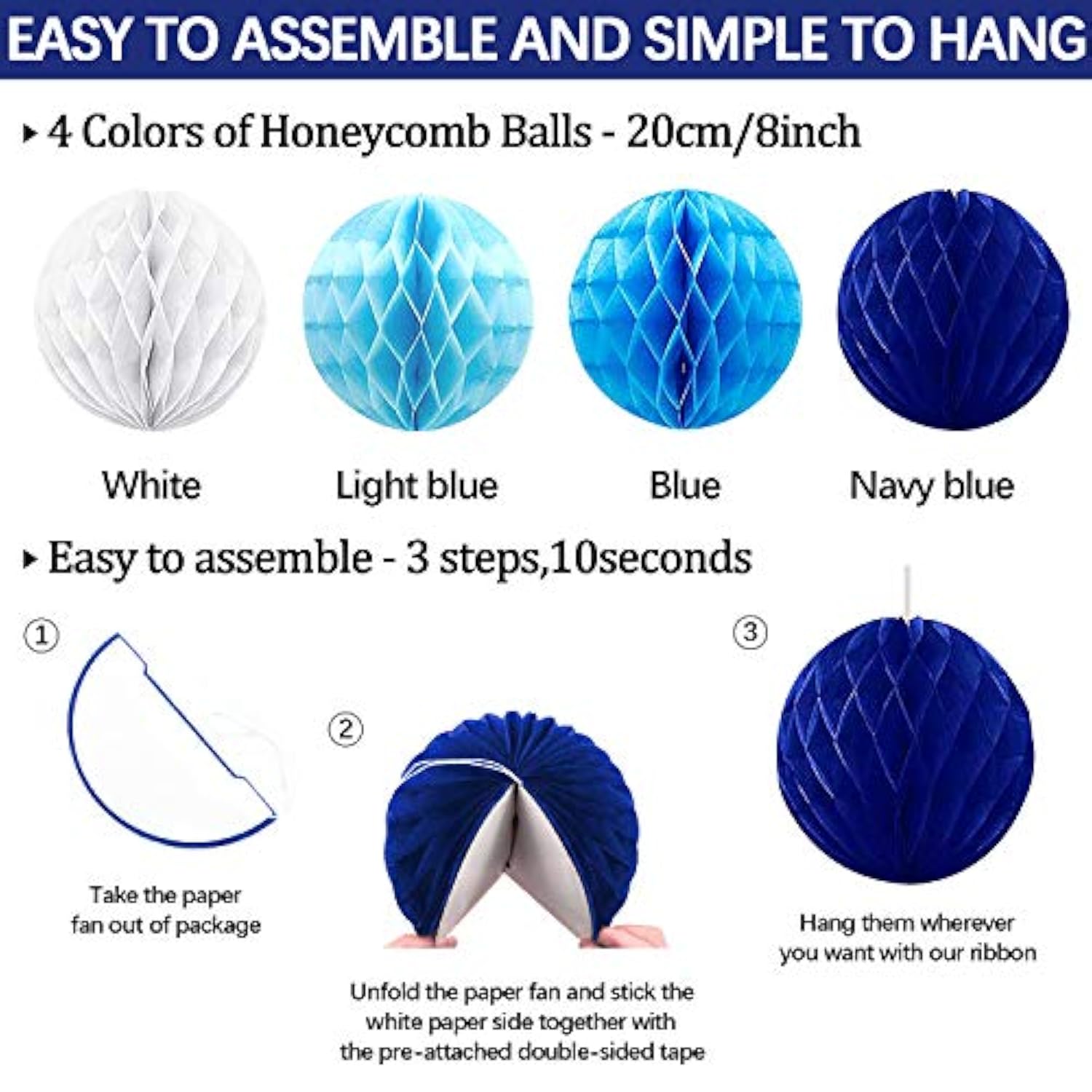 Navy Blue Party Decoration,23Pcs Hanging Paper Fans,Pom Poms Flowers,Garland String Polka Dot And Triangle Bunting Flag Packs For Boy Birthday, Bridal Shower,Baby Boy Showers,Wedding