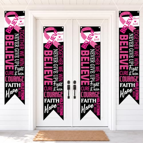 4 Pieces Breast Cancer Awareness Party Decorations Pink Ribbon Fence Banner Porch Signs Hope Strength Courage Faith Hanging Banner Supplies for Breast Cancer Awareness Event Charity Party