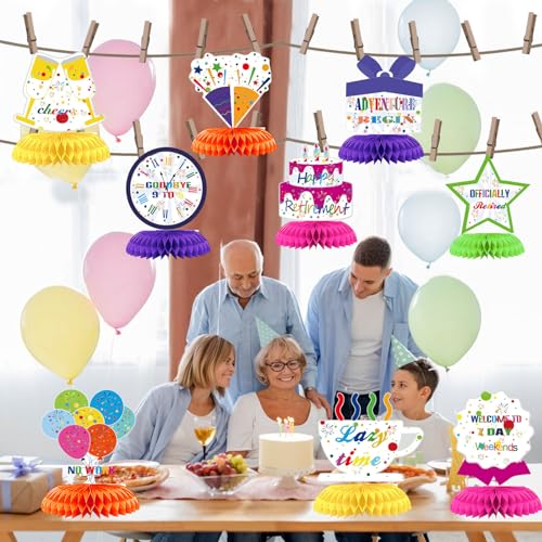 9Pcs Rainbow Happy Retirement Decorations Table Centerpieces Iridescent Colorful Theme Retirement Honeycomb Centerpiece Party Supplies Happy Retired Goodbye Adventure Awaits Table Topper