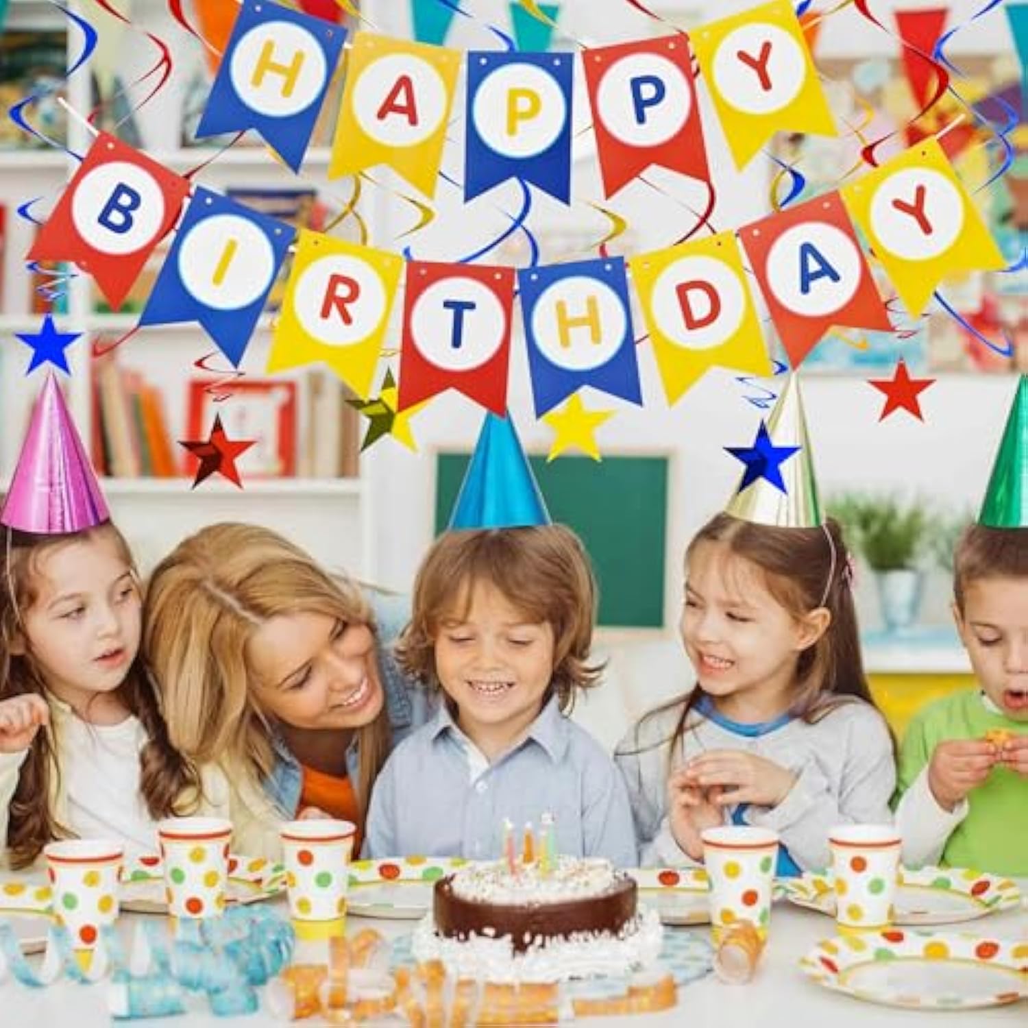Happy Birthday Banner With 12Pcs Stars Hanging Swirls Garland Party Decorations Sets For Kids Girls Birthday Party Supplies