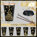 50 Pack 16 Oz Christmas Coffee Cups Bulk Black Gold Snowflake Disposable Cups Merry Christmas Paper Cups With Lids Straws Elk Paper Drinking Cups For Kids Christmas Birthday Party Supplies