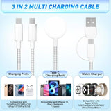 3 In 2 Fast Charger Cable, All In One Combo Thick Braided Usb C (Usb A) Travel Multi Device Charging Cord, Compatible With Apple Watch Ultra Se Series1-10, For Iphone 15 16, 4Ft/1.2M-Grey