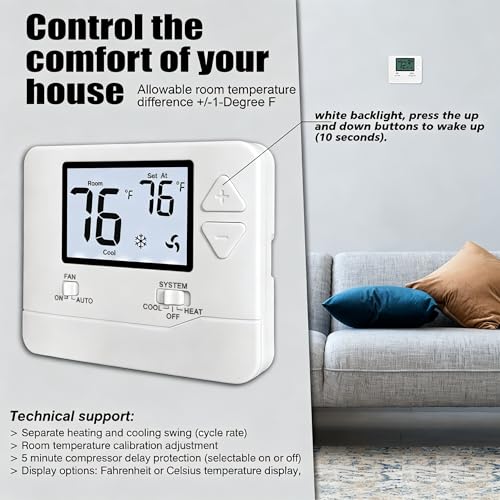Non Programmable Thermostats For Home - Single-Stage 1H/1C Only, No C-Wire Required, Not For Heat Pumps