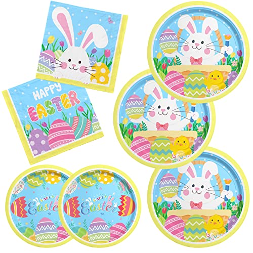 Happy Easter Party Supplies Kit, Easter Rabbit Disposable Dinnerware Includes, Paper Dinner Plates, Dessert Plates and Napkins for Easter party Decorations, Serve 20