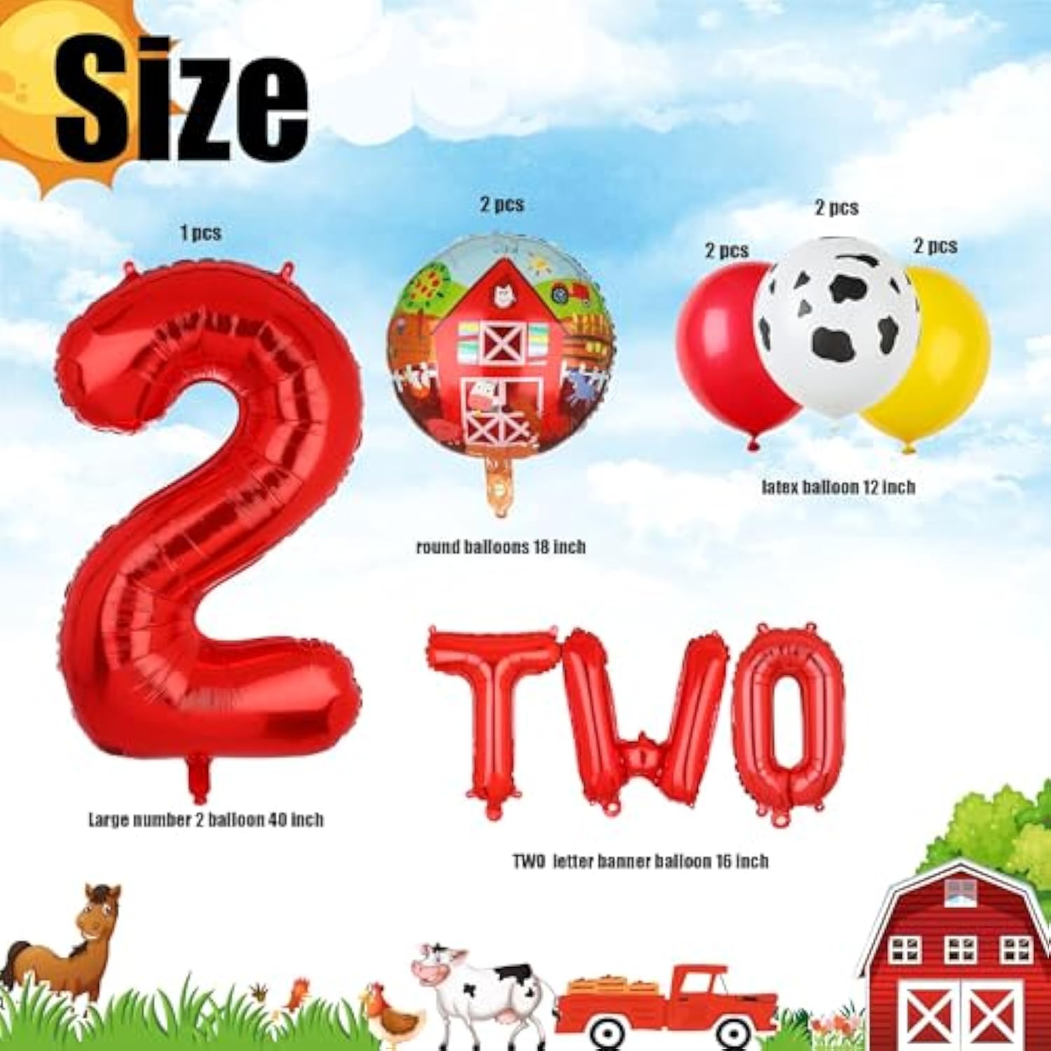 Farm Animal Theme 2Nd Birthday Party Decor - 14 Pcs Walking Animal Balloons, Cow, Pig, Duck, Rooster, Large Number 2 Balloon, Two Letter Banner