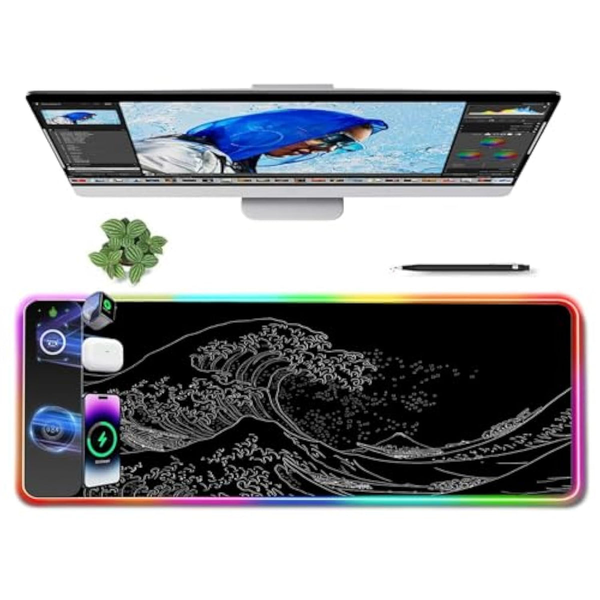 3-1 Wireless Charging Mouse Pad 15W, Japanese Sea Wave Desk Pad,Rgb Gaming Mousepad With Wireless Charger For Iphone/Airpods,Large Desk Mat,14 Light Modes,Magnetic Charging, Long Desk Pad,31.5"X11.8"