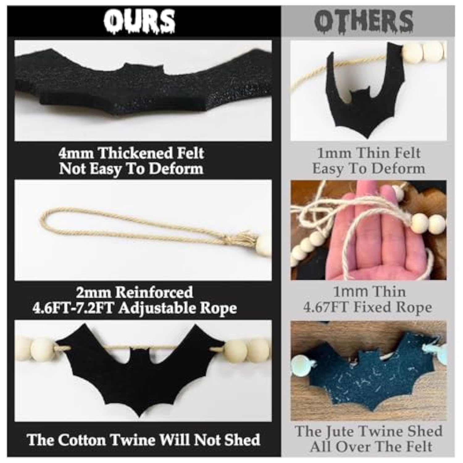 Halloween Black Felt Bat Garland with Wood Beads, Adjustable Hanging Mantel & Wall Decor