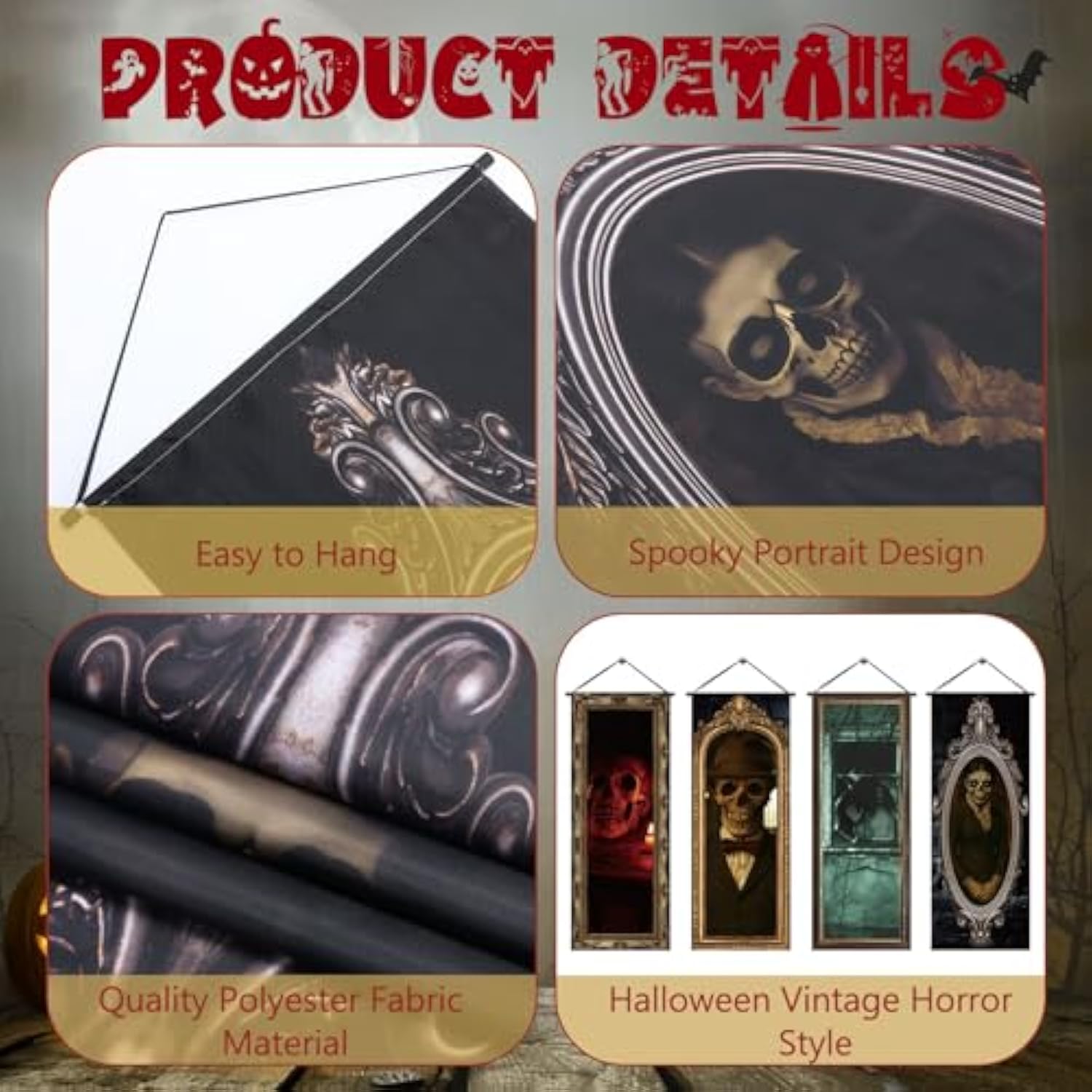 4Pcs Halloween Gothic Banner Haunted Portraits Spooky Porch Sign Backdrop Decorations