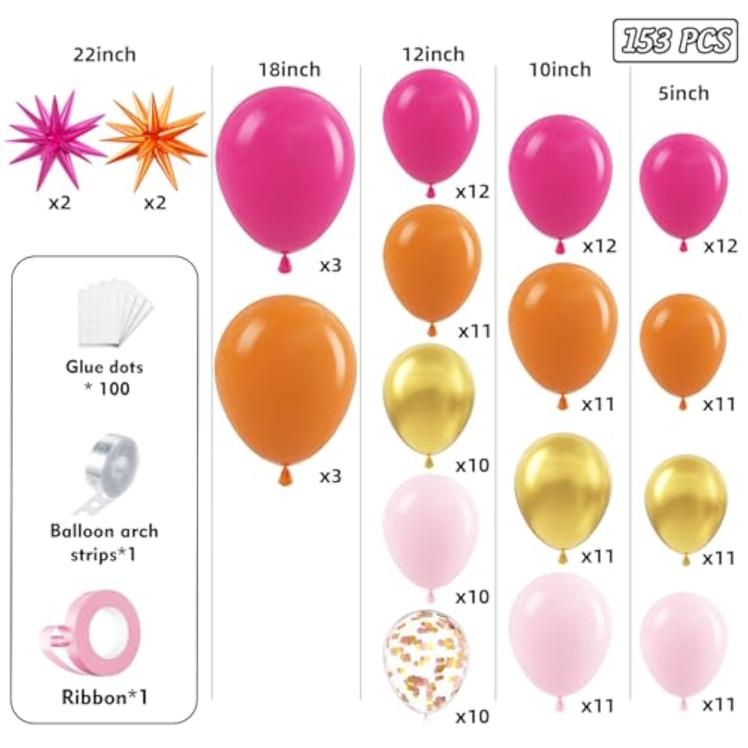 Pink And Orange Balloons Garland Arch Kit 153Pcs With Star - 22 18 12 10 5In Different Size Hot Pink Orange And Gold Confetti Latex Balloons For Birthday Baby Shower Wedding Party Decorations
