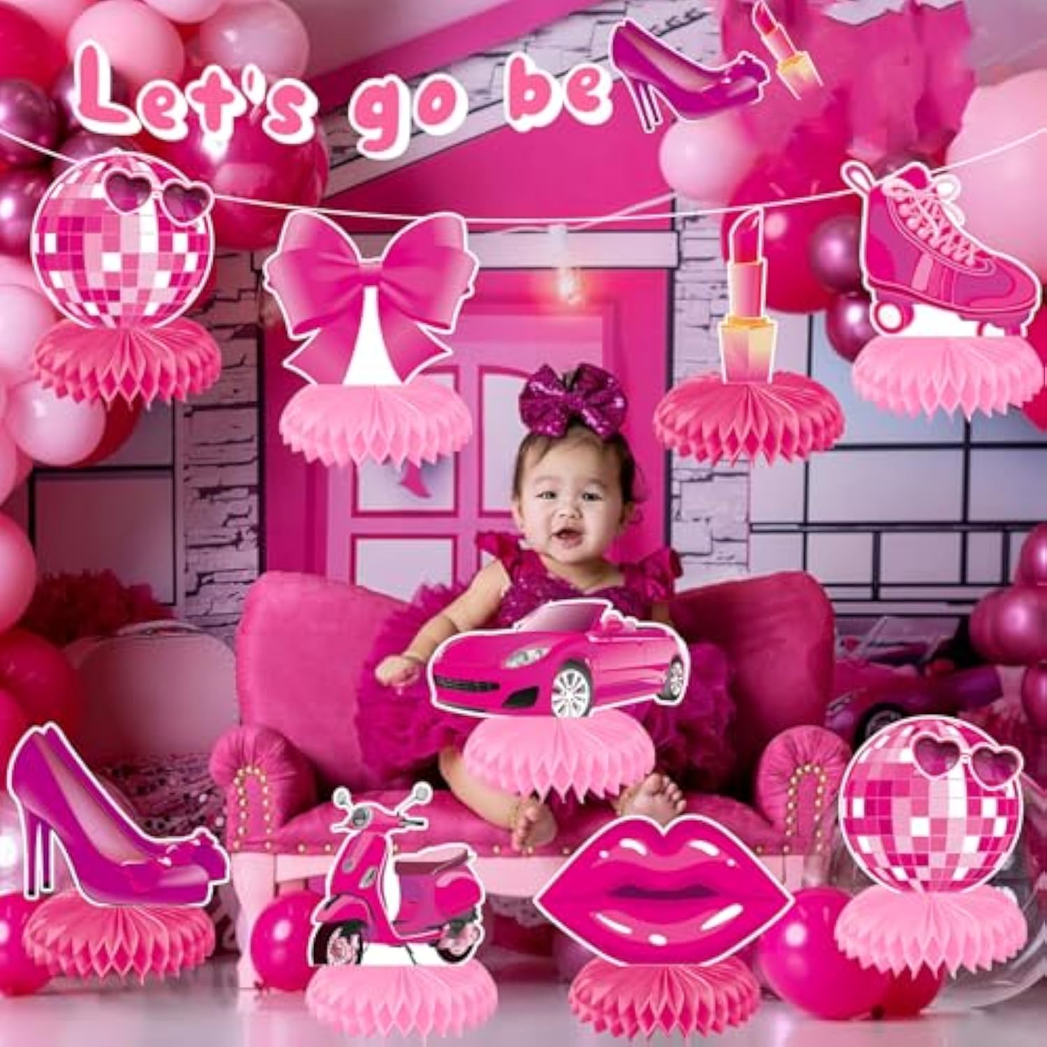 9pcs Pink Princess Honeycomb Centerpieces for Girls Birthday, Bridal & Baby Shower