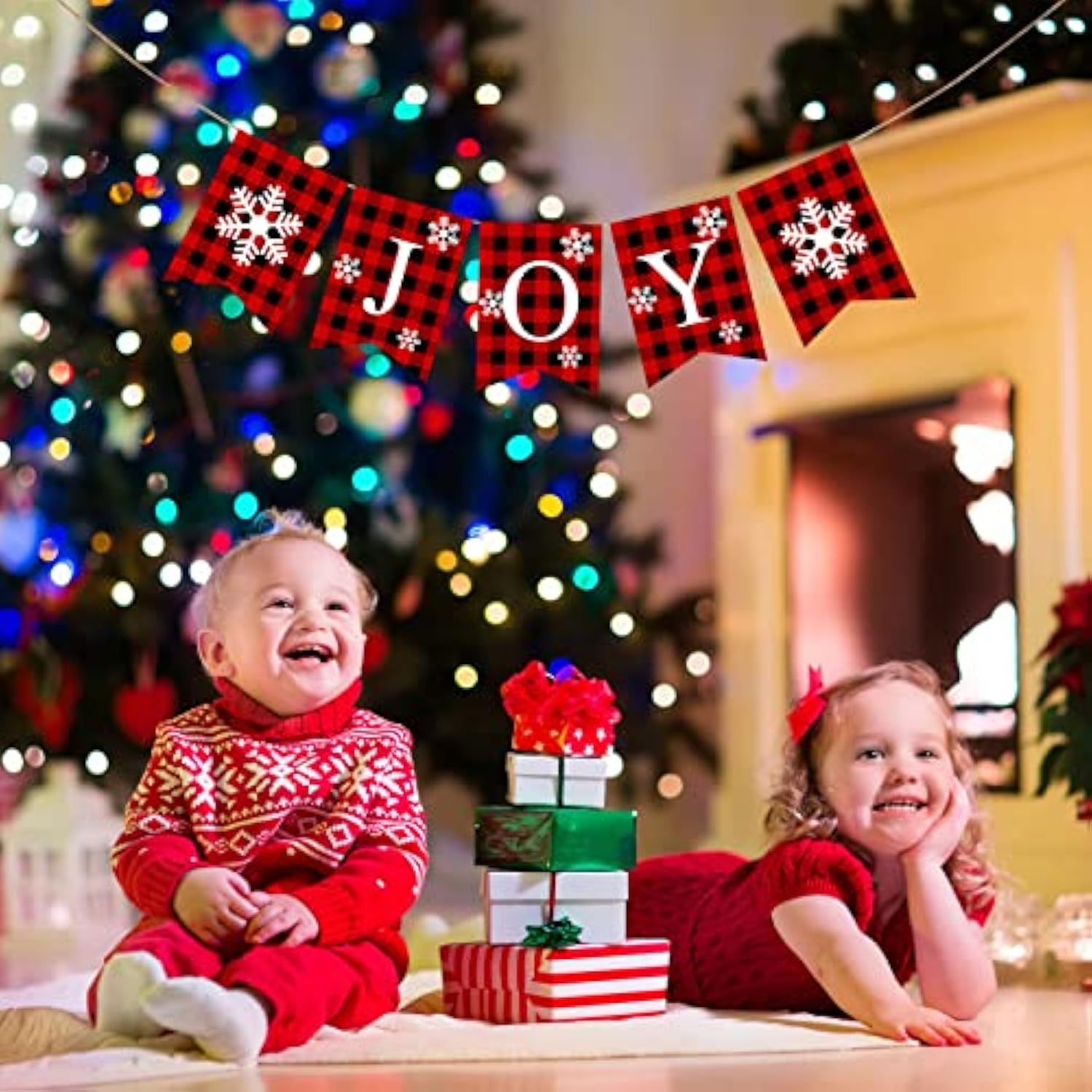 Plaid Christmas Joy Banner Burlap Christmas Rustic Bunting Banner For