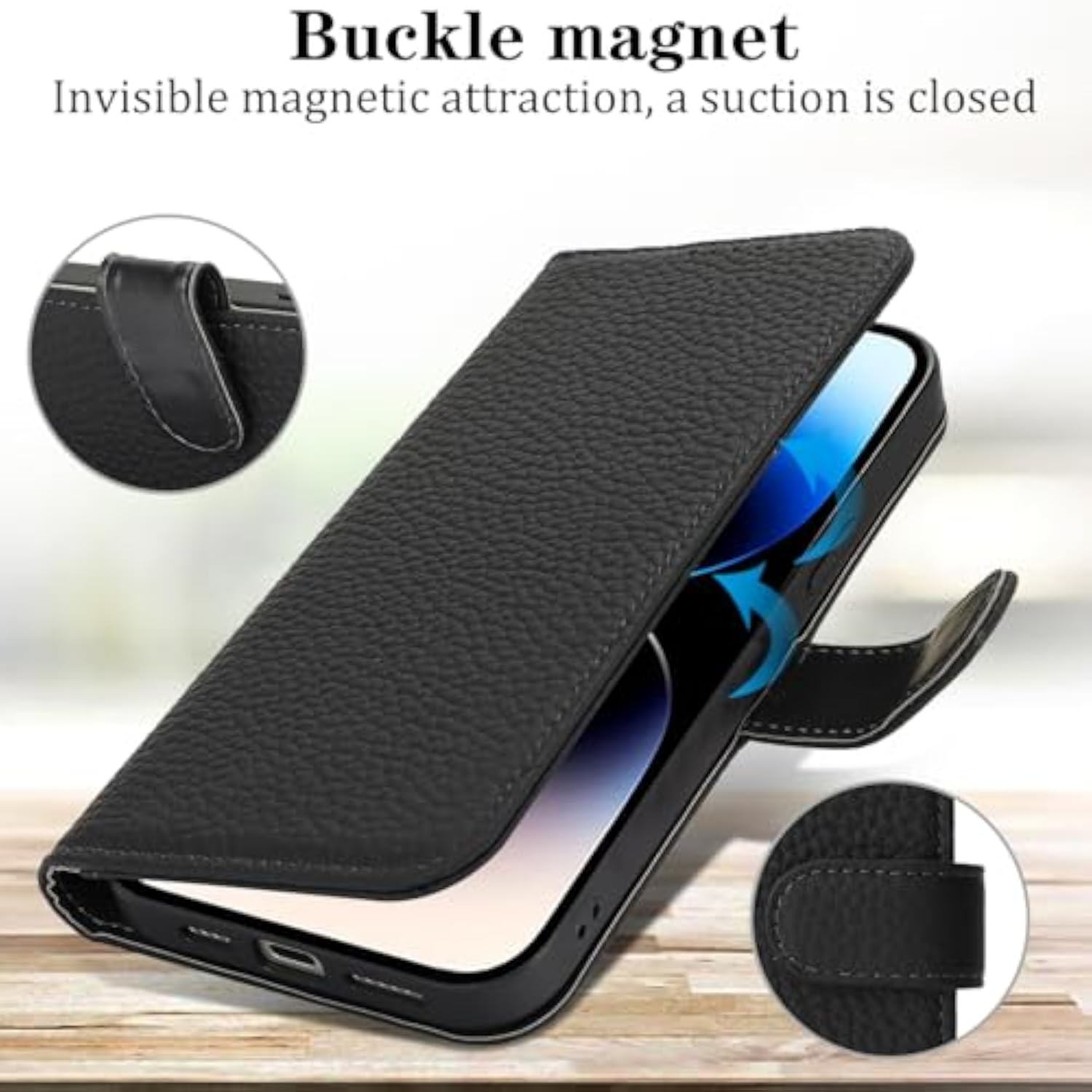 Genuine Leather Wallet Case for iPhone 14 Pro with 4 Card Slots and RFID Blocking - Black