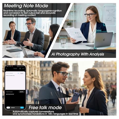 Ai Smart Glasses with Camera, 4K 8MP HD Photo and Video Recording with Real-Time Translation/Object Recognition/AI Voice Q&A/Recording, Calls and