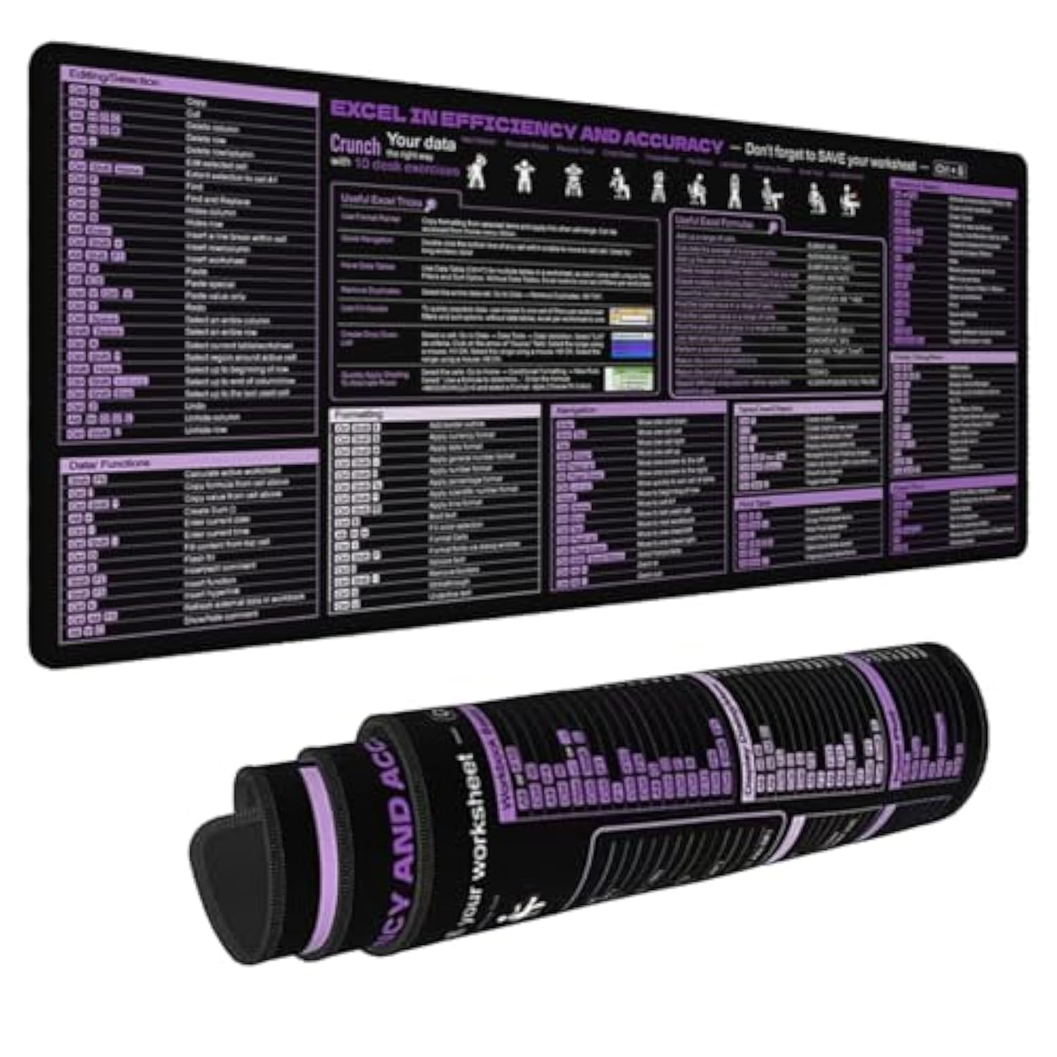 Xl Large Mouse Pad Desk Mat With Purple Excel Shortcuts Cheat Sheet, Anti-Slip Keyboard Pad With Multifunctional, Gaming Mousepad, Office Desk Accessories For Computer,Pc And Laptop (Ts1118)