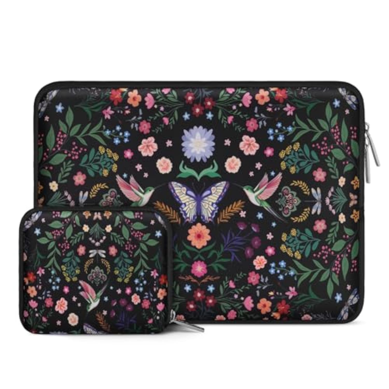 MOSISO Laptop Case 13.3 inch, 13-14 inch Laptop Sleeve Bag Compatible with MacBook Air/Pro 13/Pro 14, HP Dell Acer ASUS Lenovo, Neoprene Hummingbird Plants Flowers Computer Bag with Small Case, Black