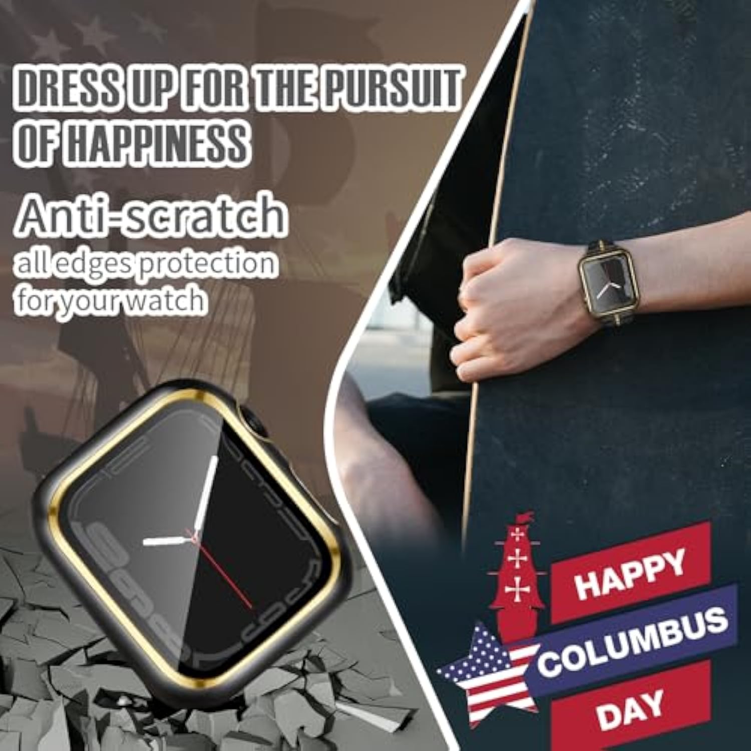 44Mm Case Compatible With Apple Watch, With Built-In Tempered Glass Screen Protector, Pc Cover For Iwatch Series 9/8/7/Se 2Rd Se 6 5 4/3 2 For Choice (44Mm, Black + Gold Edge)