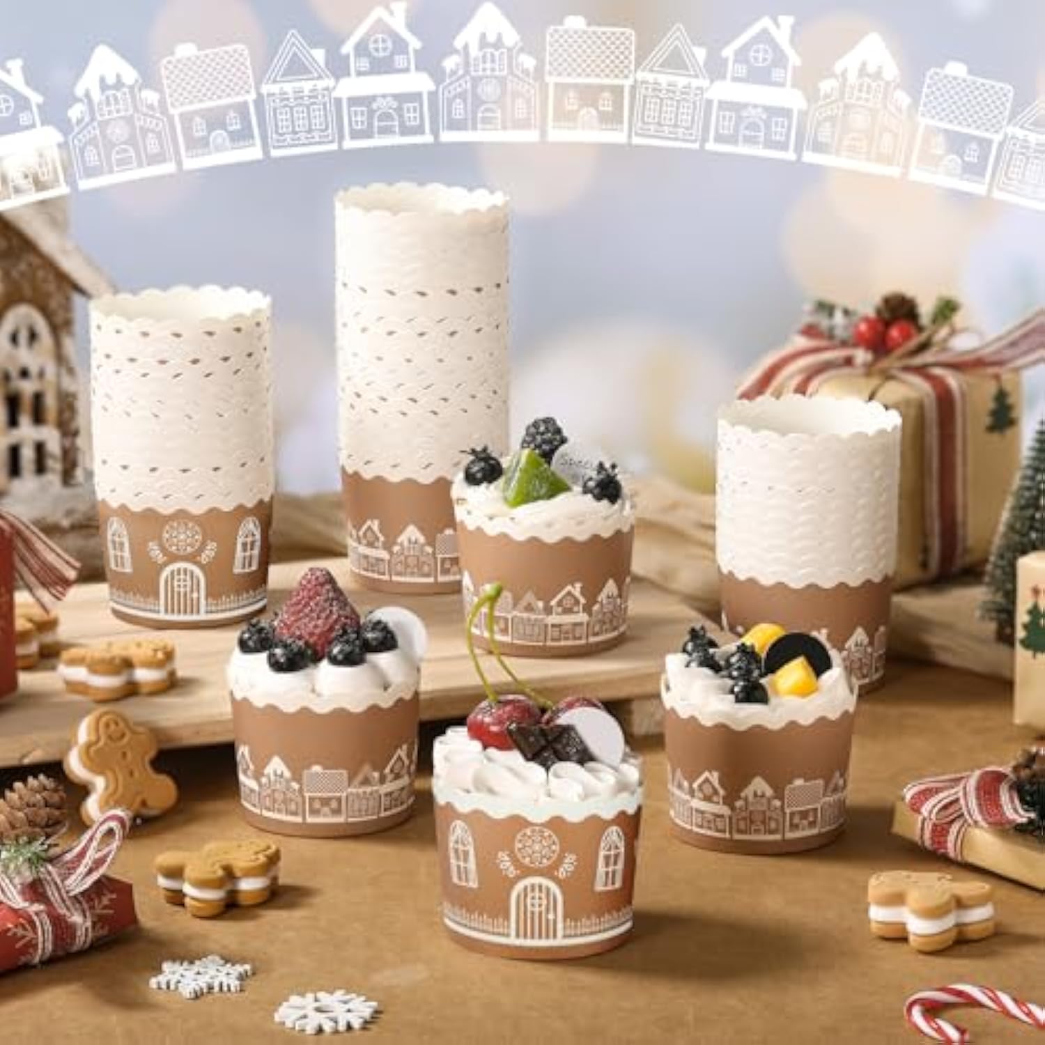 100 Pcs Christmas Paper Baking Cup Gingerbread House Muffin Cups Cupcake Wrappers Muffins Liners For Xmas Holiday Birthday Party Candy Cake Make Snack Christmas Decorations Supplies