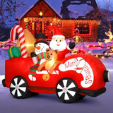 7Ft Inflatable Christmas Santa Claus Driving With Snowman And Bear, Outdoor Christmas Blow Up Yard Decoration With Built