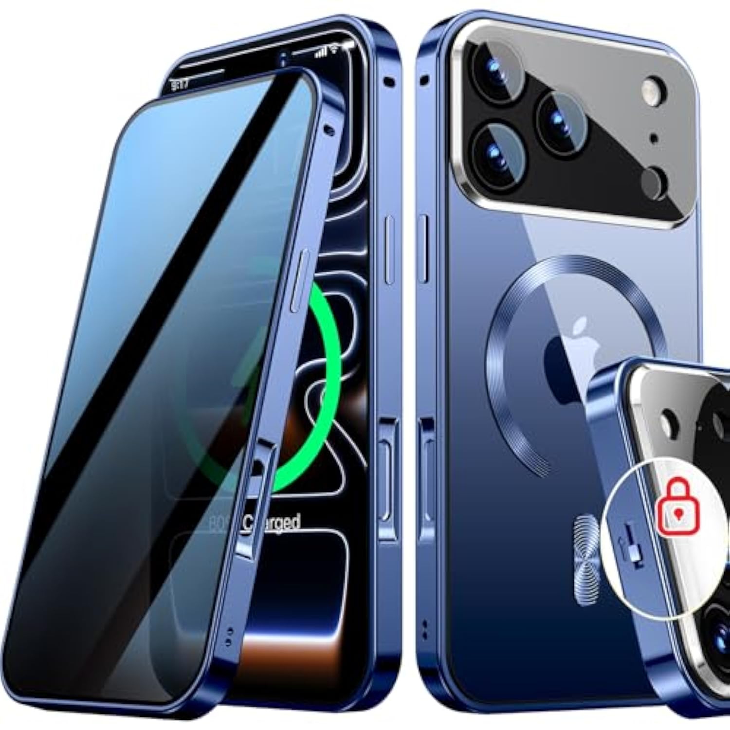[Full Camera Protection& Mechanical Lock]Magnetic Privacy Case For Iphone 17 Pro Max[Compatible With Magsafe] [Cd Metal Ring]Full Body Shockproof Metal Bumper, 9H Anti Peeping Glass Cover-Blue