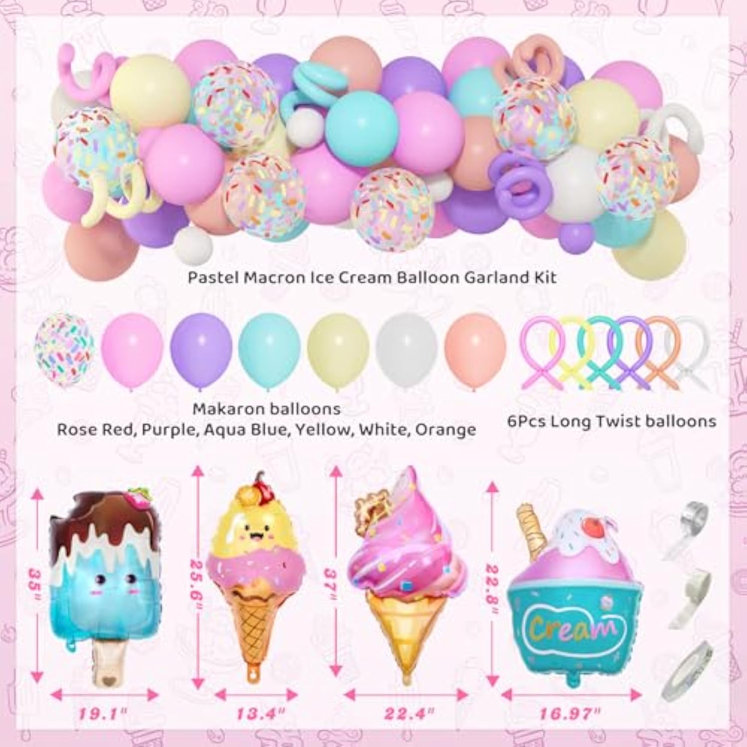 75Pcs Ice Cream Birthday Party Decorations For Girls Kids, Pastel Ice Cream Balloon Garland Arch Kit First Two Sweet Birthday Banner Foil Sprinkle Long Twist Balloons Cupcake Toppers Party Supplies